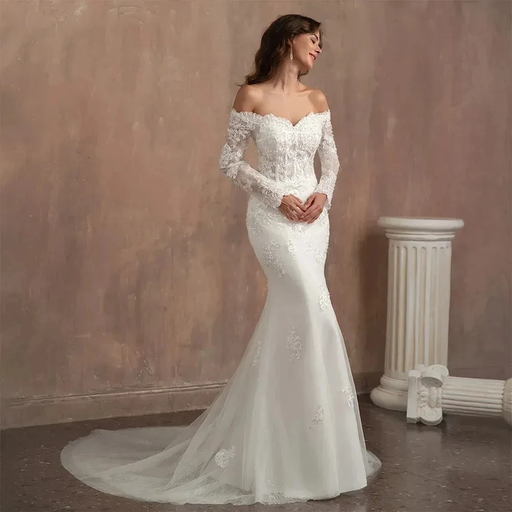 2024 Lindo Vestido Branco de Casamento Tule Apliques Frisados de Cristal de Manga Longa Sereia Andar Vestido de Noiva Comprimento Vestidos de Noiva Imagem 0
