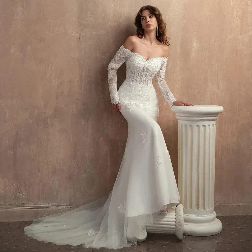 2024 Lindo Vestido Branco de Casamento Tule Apliques Frisados de Cristal de Manga Longa Sereia Andar Vestido de Noiva Comprimento Vestidos de Noiva Imagem 1