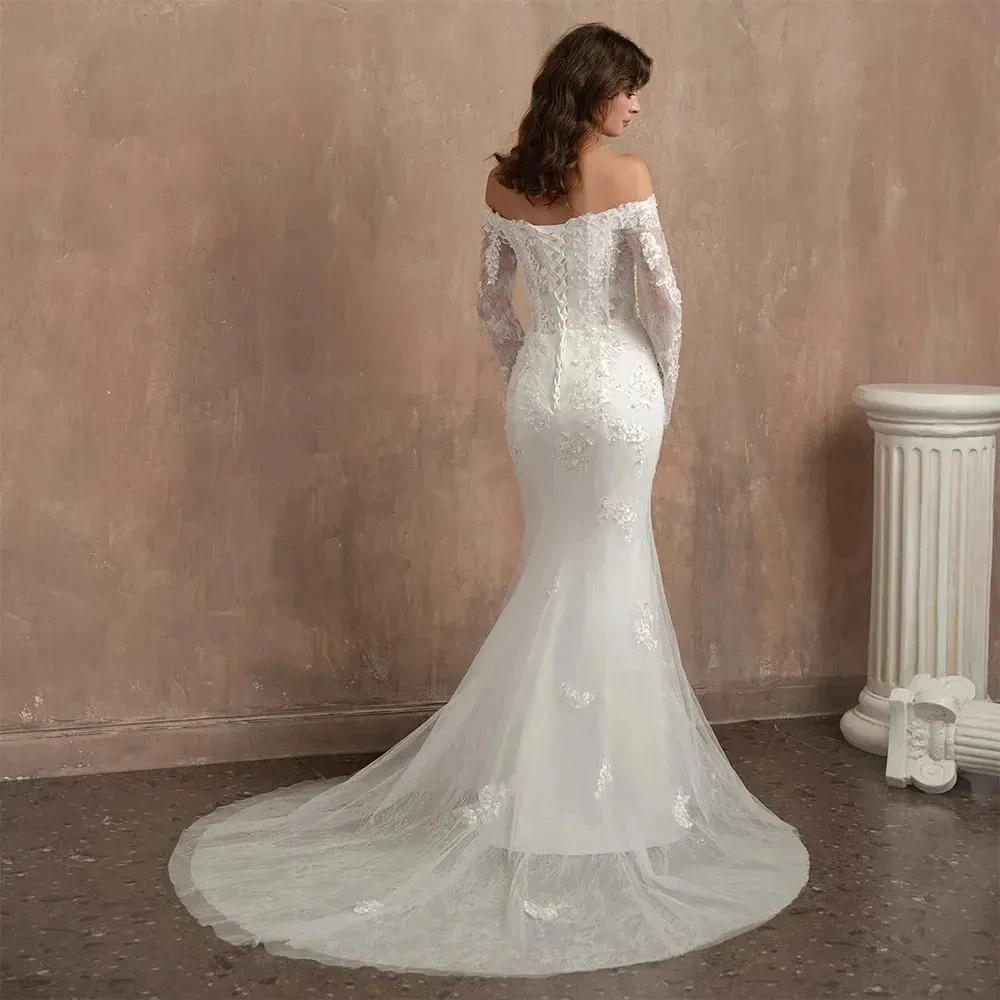 2024 Lindo Vestido Branco de Casamento Tule Apliques Frisados de Cristal de Manga Longa Sereia Andar Vestido de Noiva Comprimento Vestidos de Noiva Imagem 2