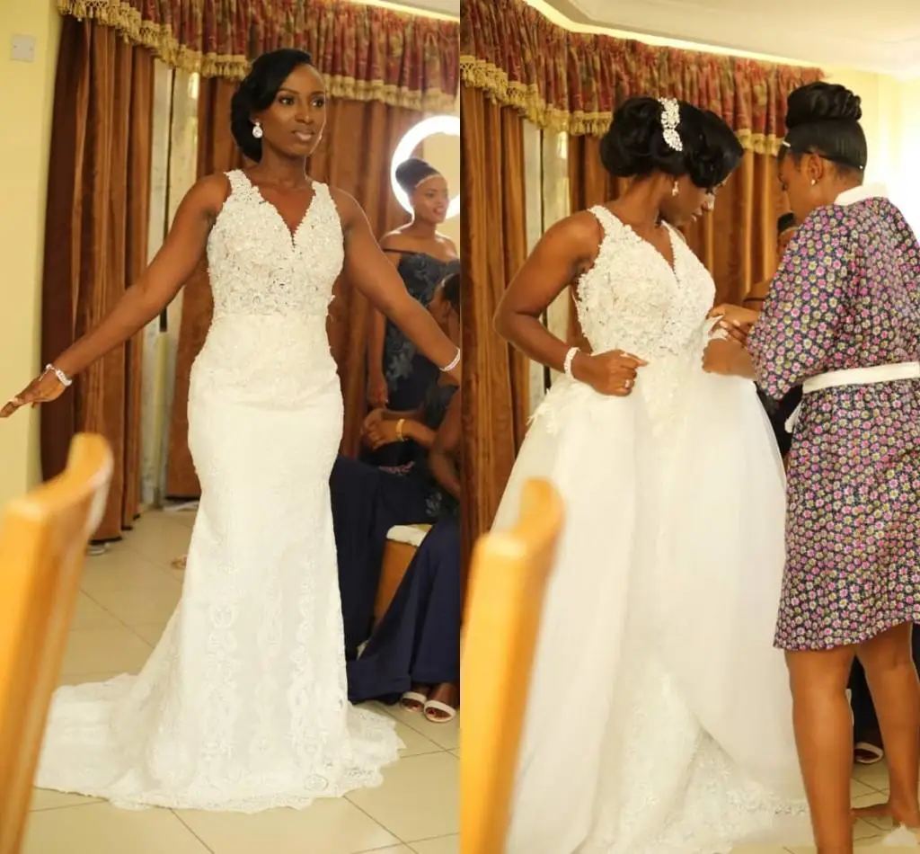 - Africano Branco Sereia Vestidos de Noiva Com Trem Destacável de Pescoço de V Apliques País Vestidos de Noiva vestidos de noiva Imagem 0