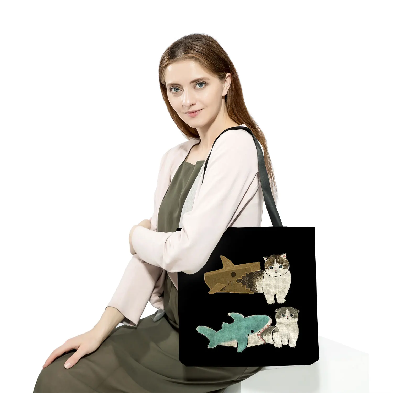 As mulheres do Bolsa de Ombro Pomar Exterior Animais dos desenhos animados do Gato de Impressão Casual, Shopping Bag Saco de Frutas Feminino de Viagem, Bolsas Eco Reutilizáveis Imagem 2