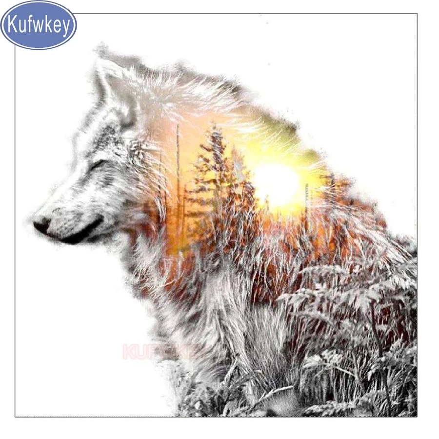 Kufwkey 5D DIY diamante pintura lobo completo quadrado Bordado de diamante Kits de padrões de Mosaico rodada Broca de Strass de neve nascer do sol Imagem 0