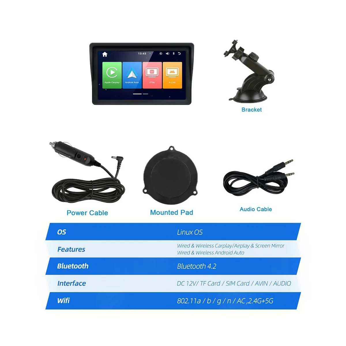 Universal 7Inch auto-Rádio Multimédia Player de Vídeo sem Fio Carplay e sem Fio Android Auto Touch Screen Bluetooth Imagem 2