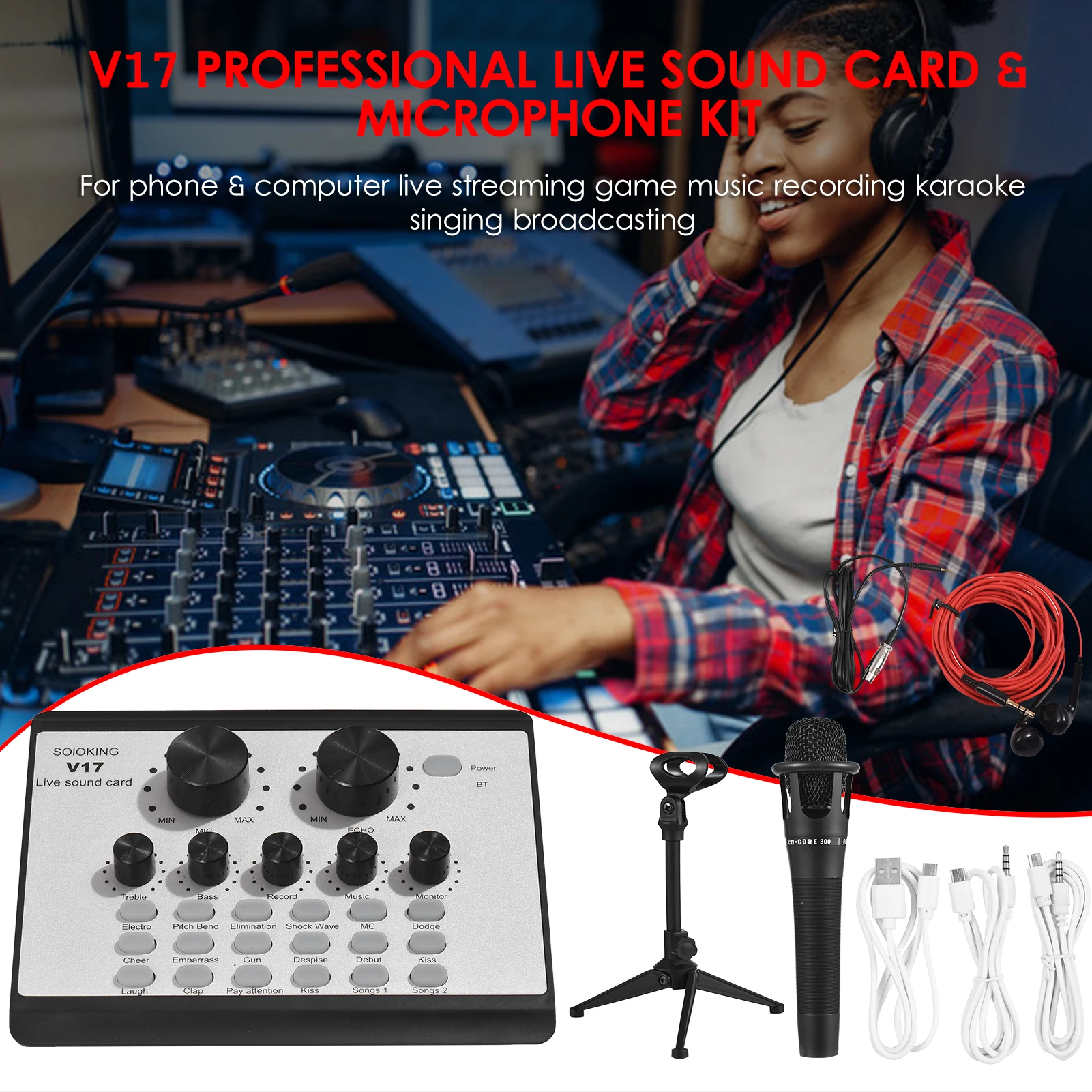 V17 ao Vivo Placa de Som BT Mini Mixer de Som Multifuncional de Voz Alterar Mixer de Áudio para o Telefone do Computador de jogos ao Vivo de Música Karaoke Imagem 0